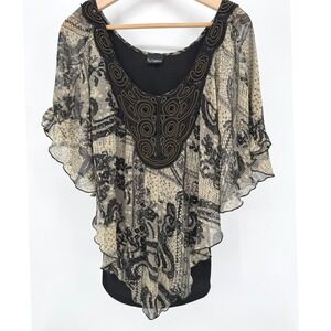 Daytrip Layered Blouse Womens Size S Black Cream Beaded Sheer Overlay Flutter